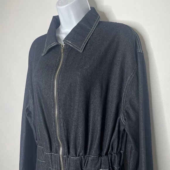 Oyrosy Retro Wide Leg Denim Jumpsuit Size M Dark Wash Black Zip Front Utility - Picture 7 of 9